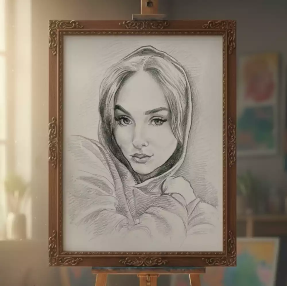 Портрет девушки карандашом в раме на мольберте