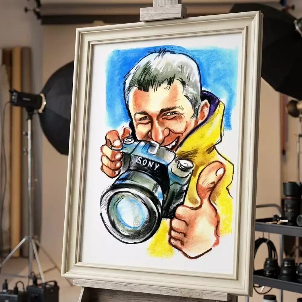 Шарж карандашом по фото на фотографа