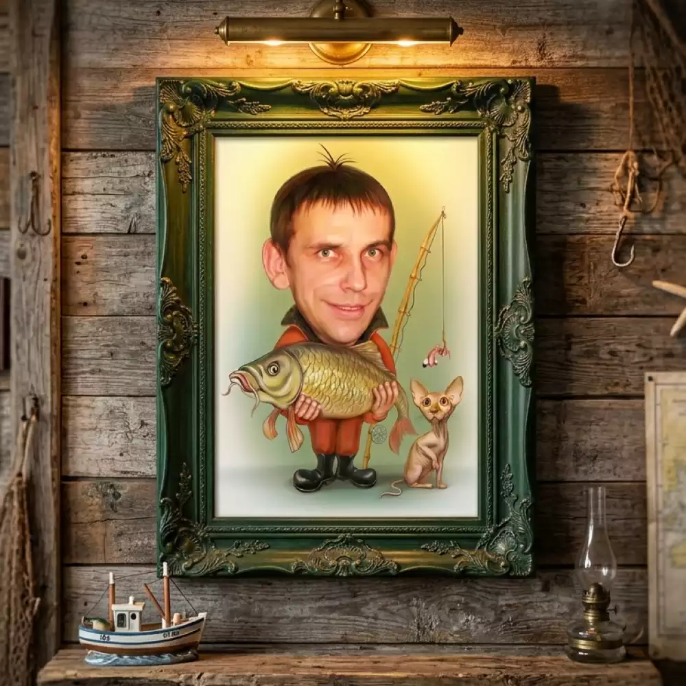 Шарж рыбака с уловом. Пример визуализации готового заказа.