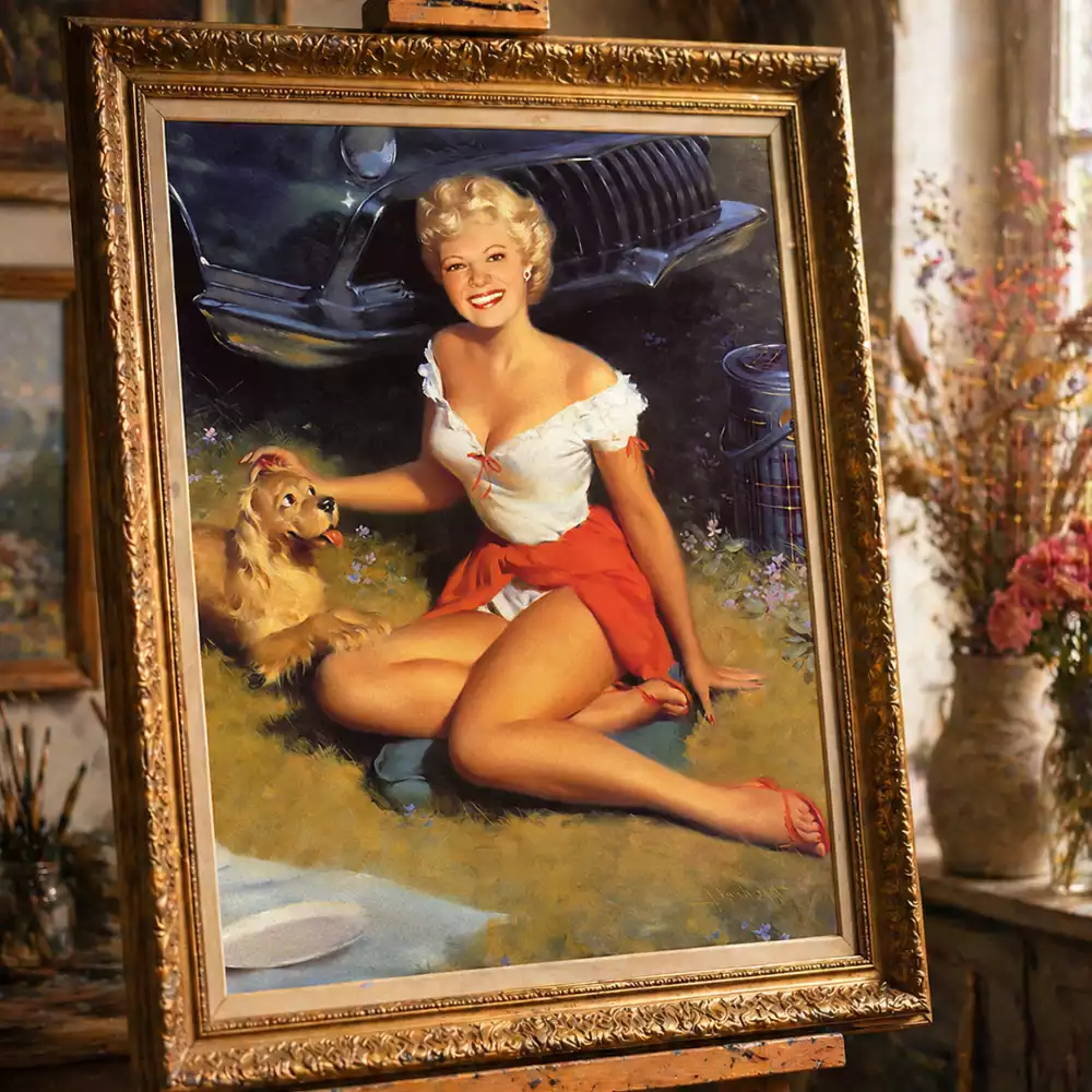 Пример готовой картины по фотографии в интерьере, выполненной в стиле Pin-up на холсте