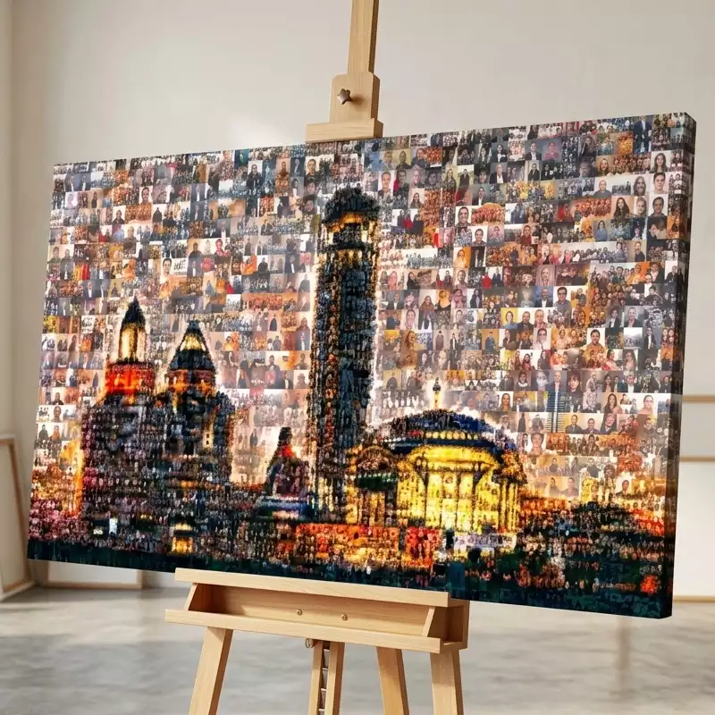 Большая фотомозаика с изображением вечернего города, собранная из сотен маленьких снимков