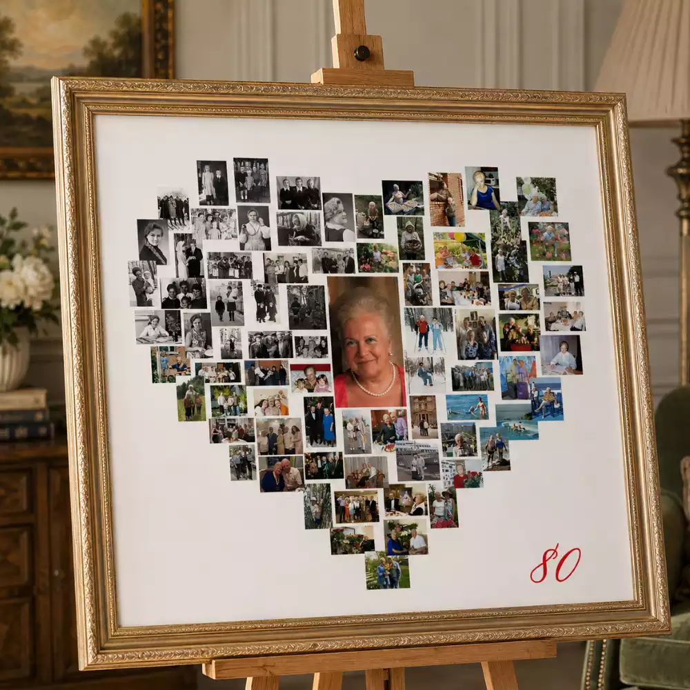 Ретро-коллаж из архивных черно-белых и цветных фотографий на 80-летие в форме сердца